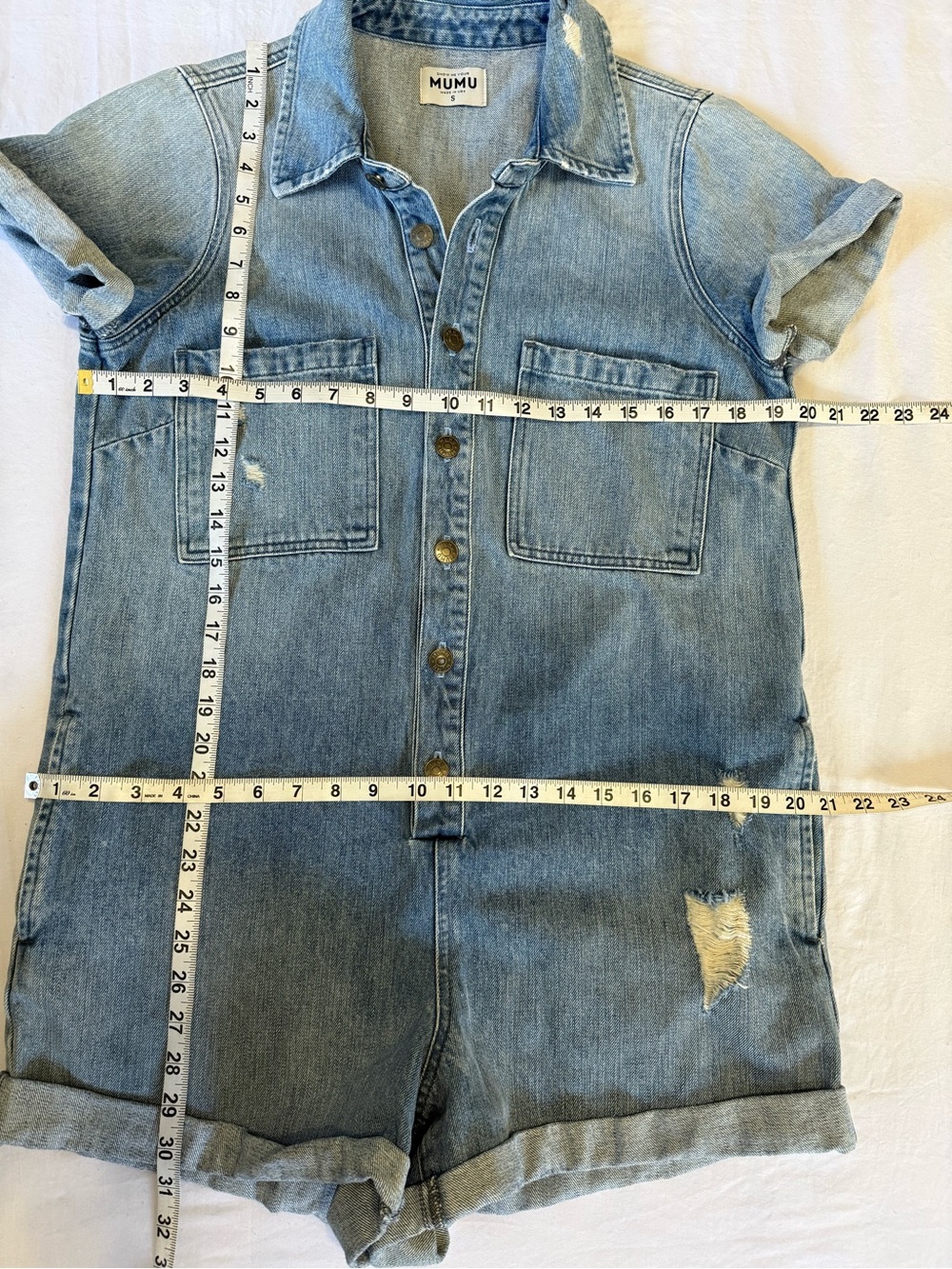Show Me Your MuMu Light Wash Denim One-Piece Shorts Romper Blue